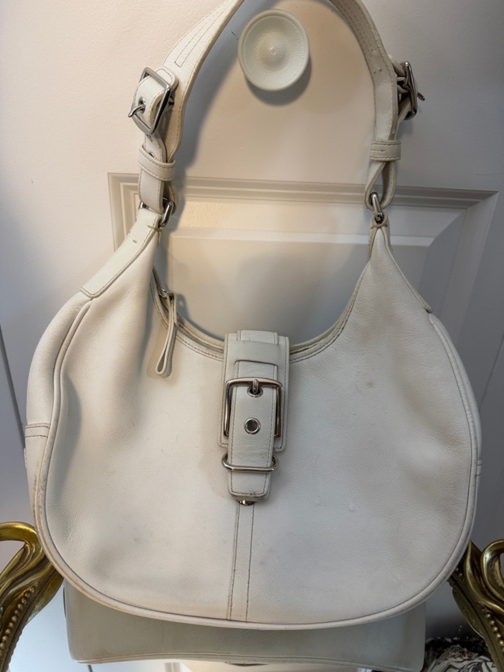 Coach White Leather Buckle Shoulder Hobo